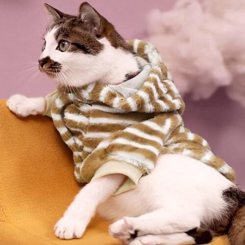 Pet Dog Clothes Warm Plush Striped Dog Hooded Soft Pullover Puppy Shirt Autumn Winter Cat Dog Sweatshirt
