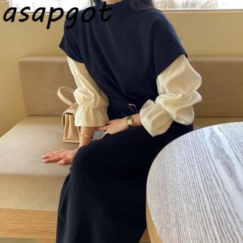 Autumn Chic Solid Loose Flare Sleeve Blouse Tops Half Turtleneck Short Sleeve Knitted Dress Women Bandage Lace Up Waist Casual