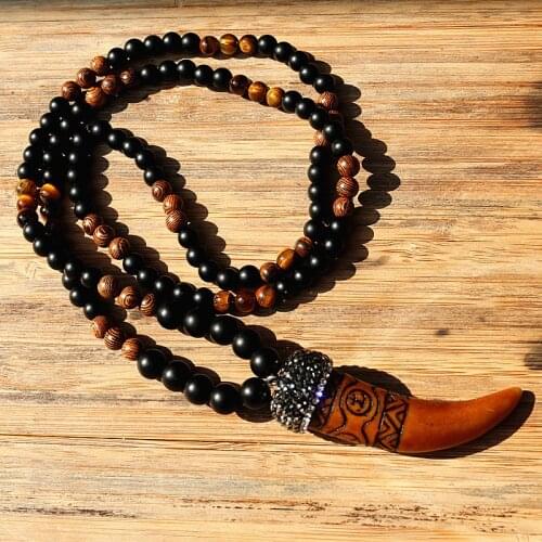 Tribal Style Necklace Black stone wood bead with Nepal Charm Horn Pendant Natural Stone Bead Unisex Long Necklace Dropshipping