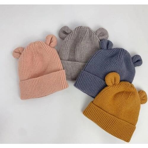 Cute Bear Baby Hat with Ears Autumn Winter Knitted Kids Bonnet Hat for Girls Boys Soft Warm Infant Beanie Cap Baby Accessories