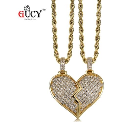 GUCY Charms Broken Heart Pendant Necklace Iced Qut Chain Gold Silver Color Cubic Zircon Mens Women Hip Hop Jewelry Gift Party