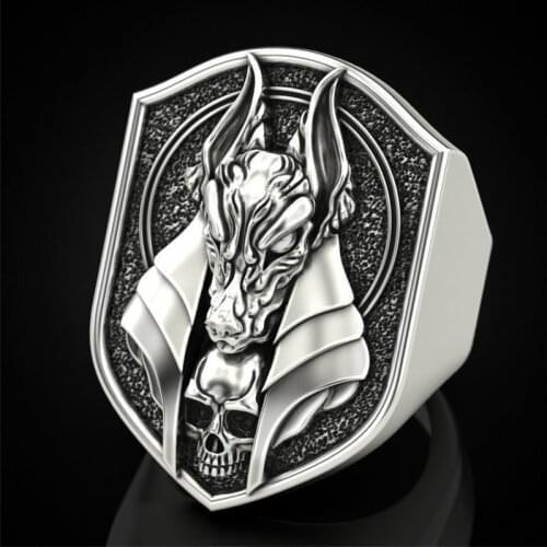 Ancient Egyptian Mythology Grim Reaper Anubis Ring Retro Jackal Head Silver Plated Male Ring