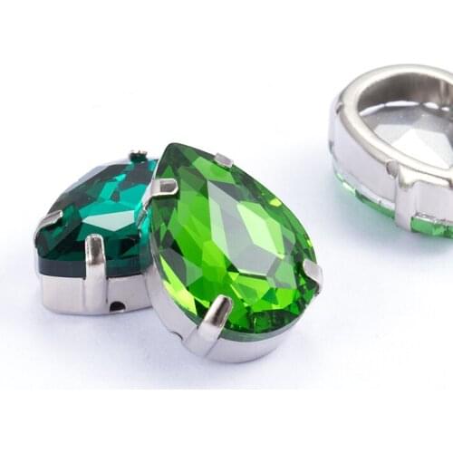 Super Twinkling Top Stone Tear Drop Green Glass Crystal Strass High Quality Sew-on Rhinestones With Claws Sew On Clothes Crafts