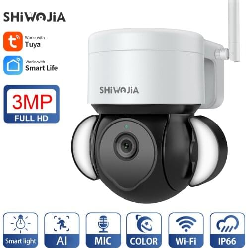SHIWOJIA 3MP IP Camera Tuya Floodlight Courtyard Lighting Camera Auto Motion Tracking Two Way Audio Outdoor PTZ IP66 Waterproof