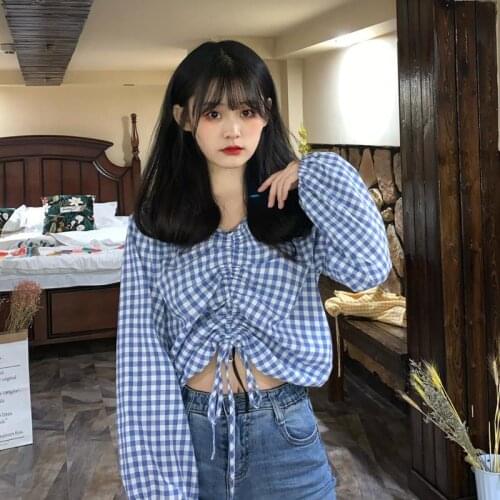 Women Blouse Spring Drawstring Navel Cute Loose Plaid Bubble Long Sleeve Blusas Ropa De Mujer
