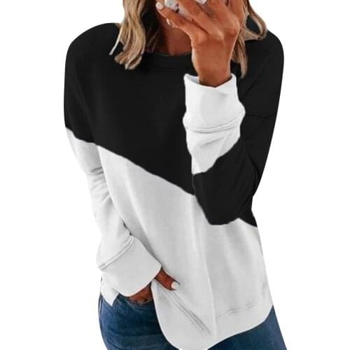 Women Casual Patchwork Pullover Top Female Autumn Fashion Colorblock Round Neck Long Sleeve Hoodie Ladies Daily Sweatshirt D30