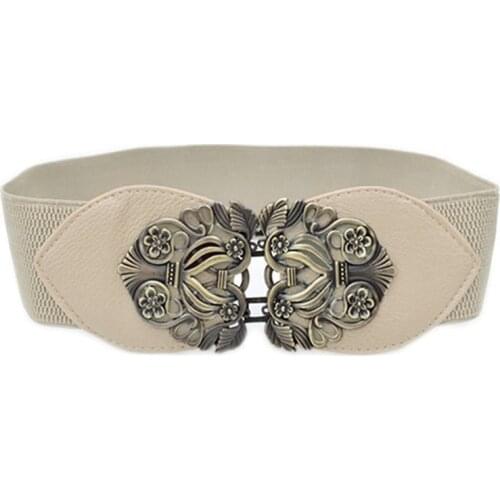 Womens Retro Flower Elastic Stretch Buckle Wide Waist Belt Waistband (Beige)