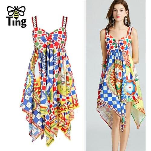 Tingfly Women Vintage Fashion Floral Printing Asymmetrical Hem Summer Casual Dress Vacation Strap Boho Street Dresses Robes New