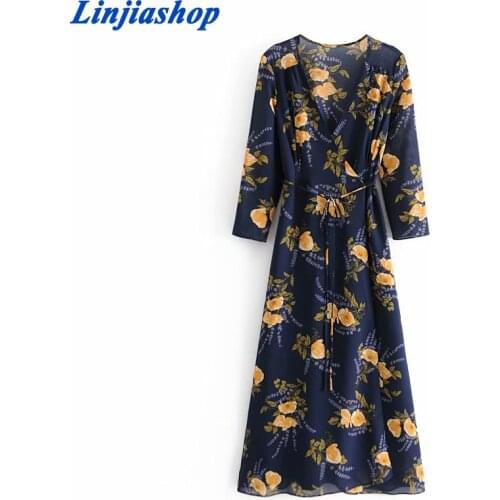 Summer Dress Women Vintage Floral Print Wrap Casual Long Maxi Dress Female Cross V Neck Long Sleeve A-line Holiday Boho Dress