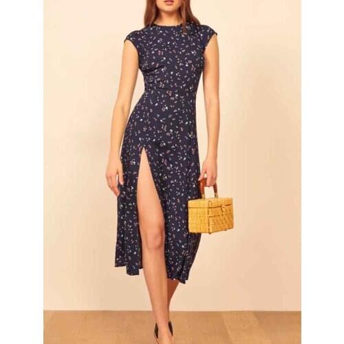 Yinlinhe Floral Print Split Long Dress Women Backless Vintage Dress Summer O neck French Style Slim Party Dresses Outfits 1659