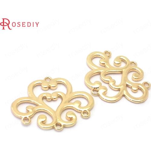 38861)10PCS 27x22MM 24K Champagne Gold Color Brass Flower Connect Charms Pendants Jewelry Making Supplies Diy Accessories