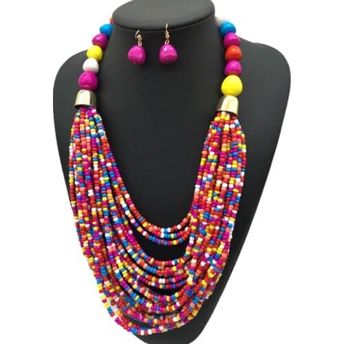 8 Colors Bohemia Women Sets Multi Layer Beads Chain Ethnic Statement Bib Beads Necklace Drop Earrings Sets Jewelry for Women