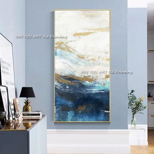100% Blue Gold Water Black Handpainted Abstract Oil Paintings Canvas Wall Art Pictures Home Wall Decor for Living Room Bed Room