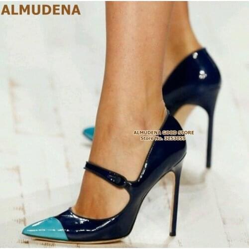 ALMUDENA Navy And Cyan Mary Jane Pumps Stiletto Heel Pointy Toe Shoes Button Strap Color Patchwork Banquet Shoes Customized Pump