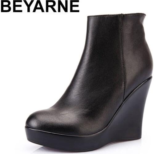 BEYARNE Genuine Leather Autumn Winter Boots Shoes Women Ankle Boots Female Wedges Boots Women Boot Platform Shoes