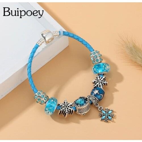 Buipoey Cyan Leather Bracelets For Child Snowflake Pendant Stars & Moon Ice Blue Luminous Glass Beads Bracelet For Boy Girl Gift
