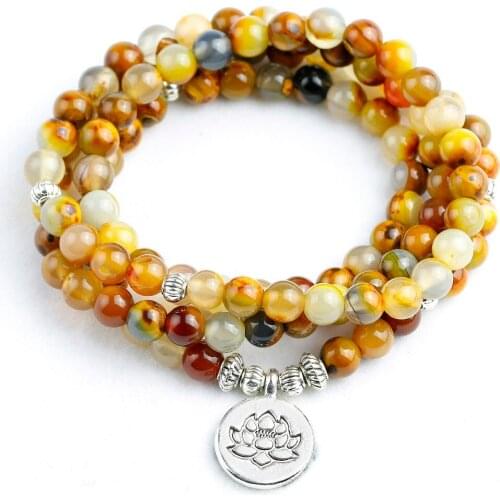 Natural Yellow Flower Stone 6MM Beaded Bracelet For Men Women 108 Mala Yoga Bracelet OM Lotus Charm Energy Unisex Jewelry