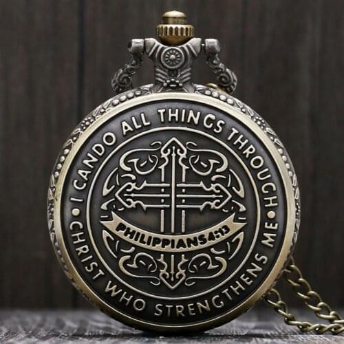 Vintage Style Bible Philippians 4:13 Jesus Christ Christian Bronze Quartz Pocket Watch Women Men Gift Fashion Necklace