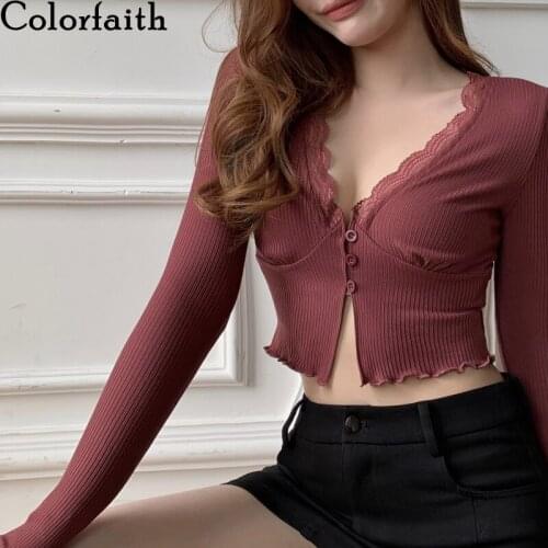 Colorfaith New 2021 Spring Summer Womens Knitwear V-Neck Buttons Cardigans Cropped Sexy Lace Korean Wild Lady Short Top SWC2630