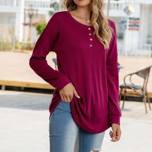 Spring Autumn Solid Color Long Sleeve Women T-shirt Casual Loose O-neck Button Decoration Tops Street Fashion Female Tshirt