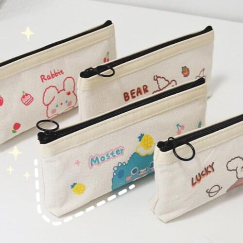 Cartoon Cute Bear Canvas Pencil Case Kawaii Pencil Bag Simple Large Capacity Pen Box Korean Stationery Student School Supplies