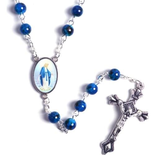 Catholic Rosary Small Size Round Blue Glass Beads Virgin Mary Jesus Necklace Women
