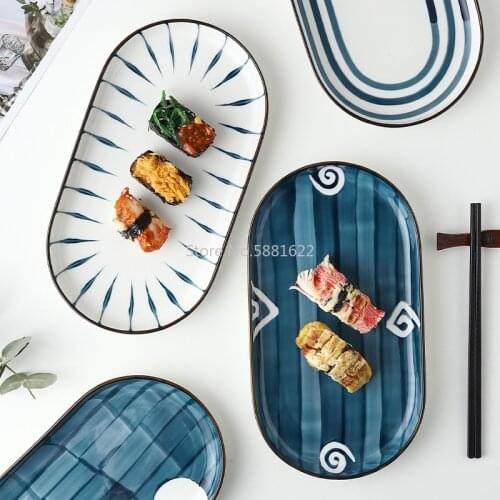 Ceramic Fish Dish Japanese Hand-painted Household Oval Steamed Fish Dish Creative Underglaze Color Dish Dish Household Tableware