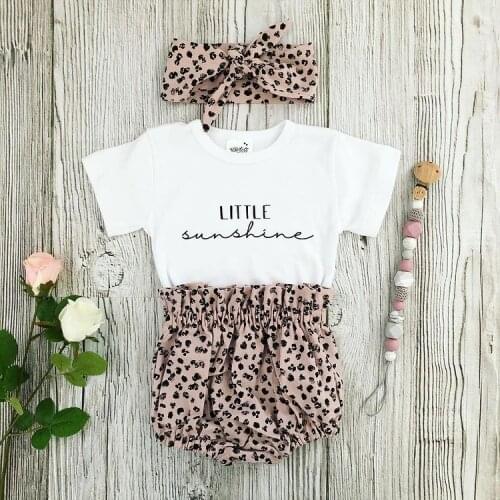 Toddler Newborn Baby Boys Girls Clothes Sets Summer Letter Short Sleeve Romper Leopard Shorts Headband Infant Cotton Outfits