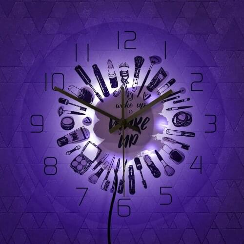 Wake Up & Make Up Cosmetics Collection Silent Movement Wall Clock Beauty Salon Business Wall Light Dresser Gift Girls Room Decor