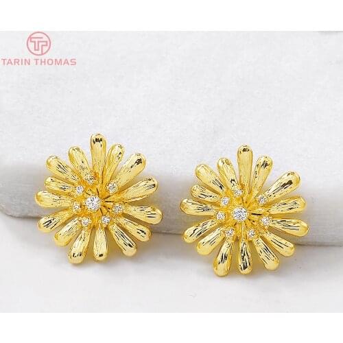 4PCS 18MM 24K Gold Color Brass with Zircon Flower Charms Pendants High Quality Diy Jewelry Findings Accessories