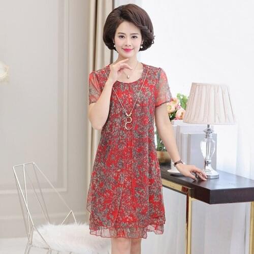 Middle-aged womens summer dress 40 years old button mother 2021 new loose printed dress casual Fashion Fashion lace