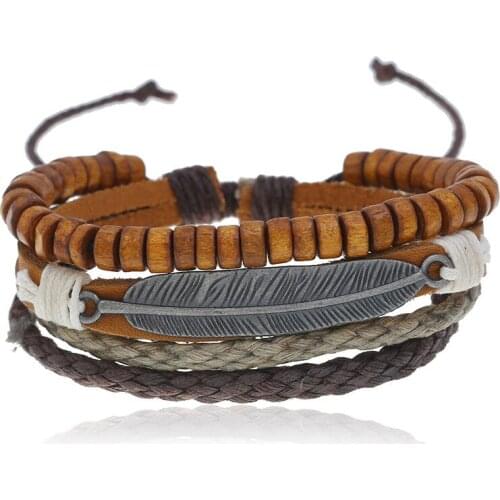 Multilayer Feather Wood Bead Leather Bracelet Bangle For Man Woman Adjustable Unisex Hand Jewelry Gift Dropshipping