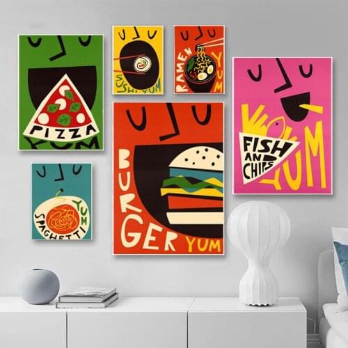 Cartoon Funny Food Posters Yum Coffee Pizza Ramen Sushi Burger Print Club Bar Shop Kitchen Canvas Painting Wall Pictures Decor