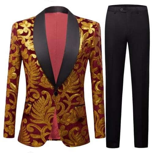 Sequins Velvet Series Mens Fashion Shawl Lapel Floral Sequins Royal wine red Velvet Slim Fit Blazer Stage Singer Suit Jacket