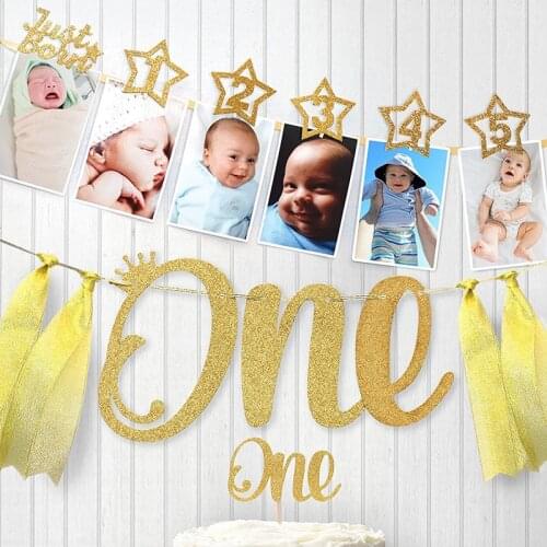 Golden Twinkle Star Photo Banner 1 to 12 Month Kids First Birthday Party Decorations Chair Bunting One Year Old