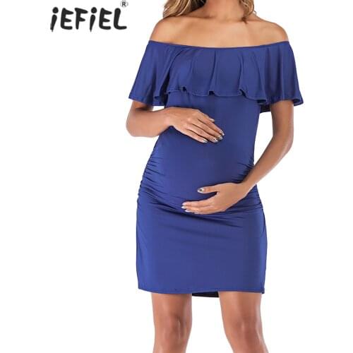 Summer Womens Ruffle Off Shoulder Maternity Dress Women Dress Ruffles Pregnancy Clothes Ruched Sides Bodycon Dresses