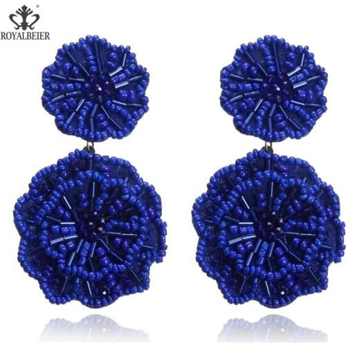 ROYALBEIER Bohemia 2020 Trendy Earring Blue Beads Flower Fringes Dangle Drop Earrings Wedding Jewelry For Womans Big Earrings