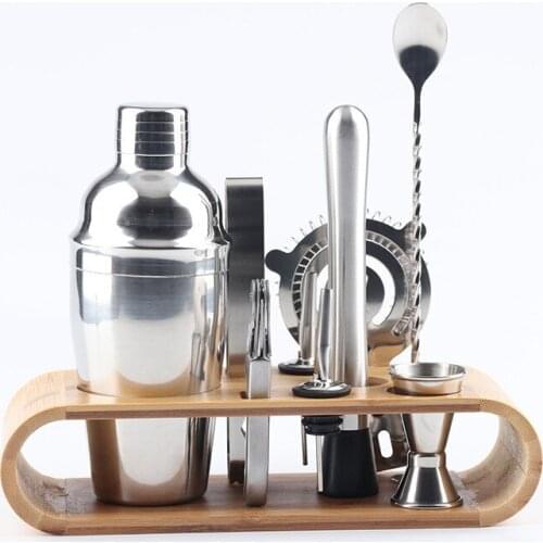 750ML 10pcs/set Stainless Steel Cocktail Shaker Mixer Wine Shaker For Bartender Drink Party Bar Tools with Wooden frame