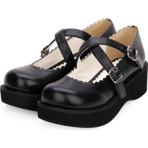 Japanese Lolita Girl School Uniform Mary Jane Wedge Shoes Black PU Leather Platform Shoes