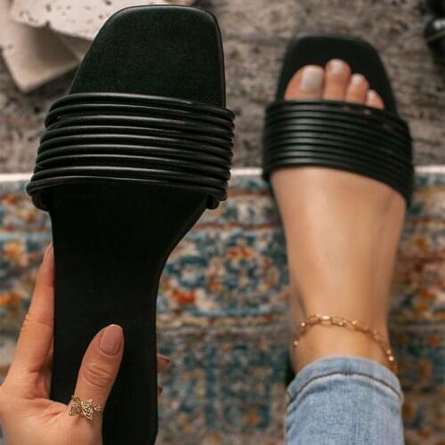 Women Square Toe Norrow Band Slippers Female Summer Slides 2021 Ladies Solid Casual Flat Womens Leisure Outdoor Shoes Plus Size