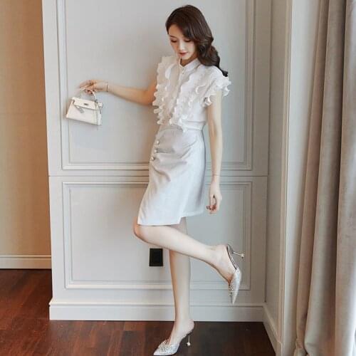 2021 New Summer Two Pieces Sets Womens Chiffon Sleeveless Blouse Top and Knee Length Skirts Office Lady Casual Work Suits Q111