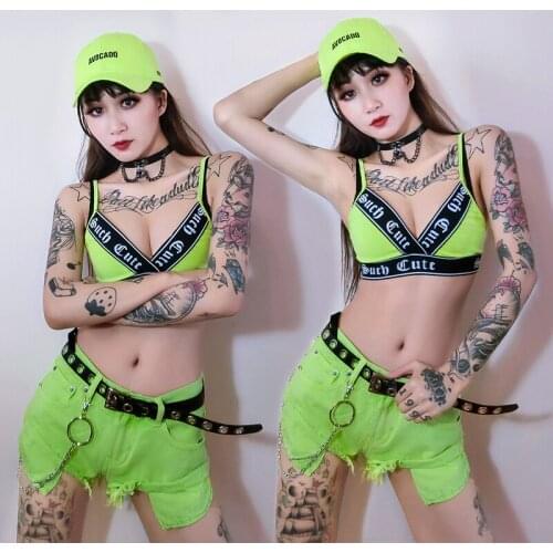 2020 New NightClub Womens Clothing Fluorescent Green Set Woman Sexy Halter Vest Bra Jazz Pant DJ Gogo/Pole Dance Clothing B1749