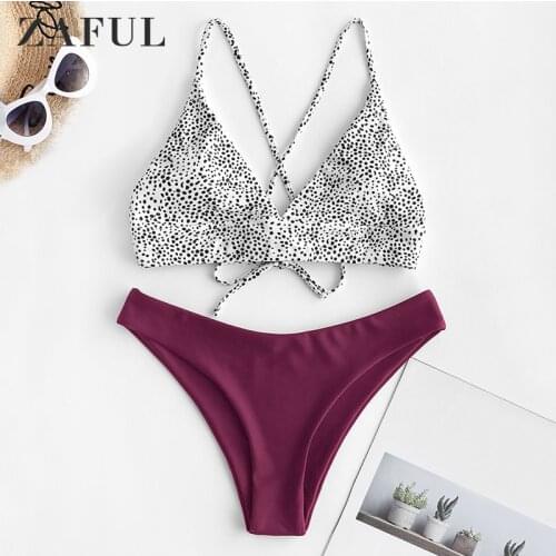 ZAFUL Sexy Swimwear Dalmatian Dot Crisscross Lace-Up Bikini Swimsuit Bikini Set Wire Free Padded Mid Waisted Women Beach Wear