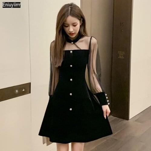 Women 2021 New Year Spring Patchwork Sexy Sheer Mesh Stand Collar Vintage French Black Velvet Mini Elegant Party Dress