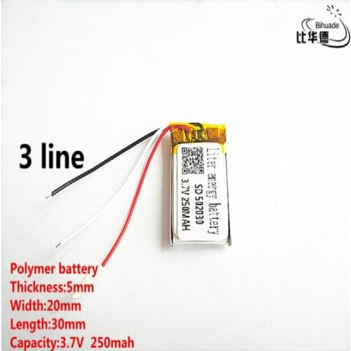 5pcs/lot 3 line Good Qulity 3.7V,250mAH,502030 Polymer lithium ion / Li-ion battery for TOY,POWER BANK,GPS,mp3,mp4