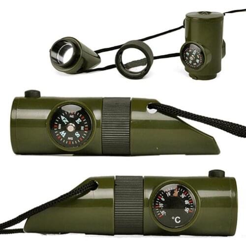7 In 1 Camping Survival Compass Thermometer Flashlight Magnifier Whistle Emergency Survival Keychain Whistle Multifunction Tools