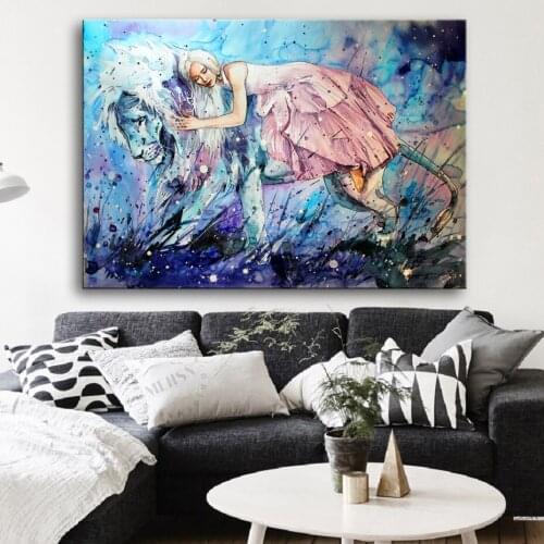Large Animals Canvas Prints Paintings Wall Art Lion and Girl Posters Decorative Posters Best Gifts Bedroom Home Decoration