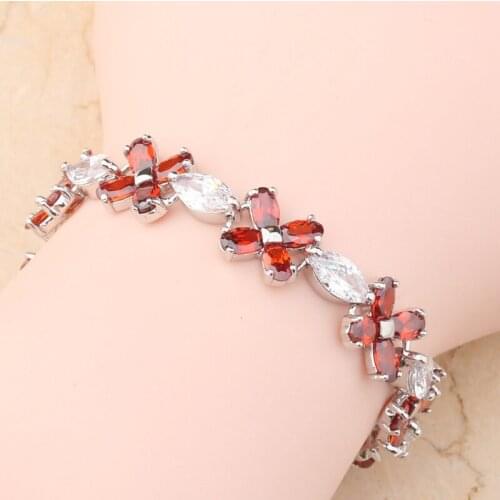 Red Garnet White Zircon Silver Plated Argent Link Chain Bracelet 6 7 Inch L10132