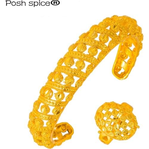 Ethiopain African Dubai Wedding Bangles Bracelets With Ring Gold Color Bangles for Women Arabic Muslim Ring Islam Jewelry Gift