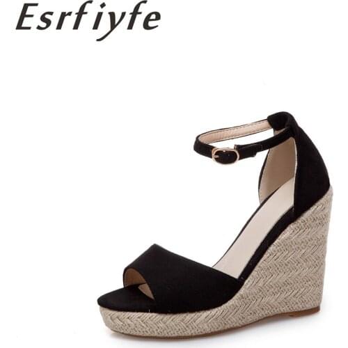 ESRFIYFE 2019 New Plus Size Bohemian Women Sandals Ankle Strap Straw Platform Wedges for Female Shoes Flock High Heels Sandals